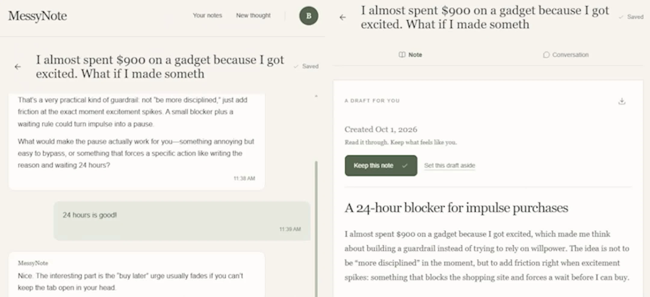 A MessyNote conversation beside its finished editable note