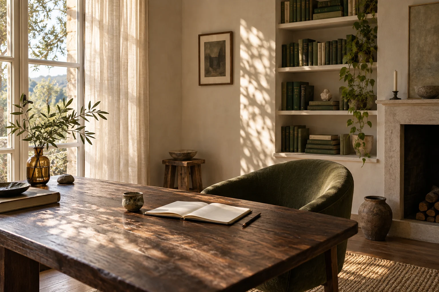 Warm light falls across books and an open notebook in a quiet study.